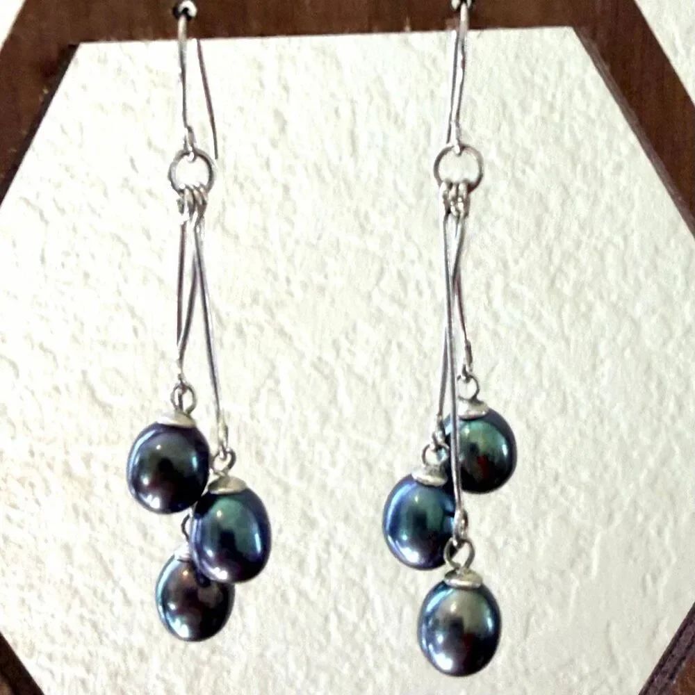 Sterling Silver Black Freshwater Pearl Dangle Earrings